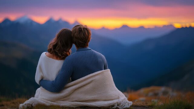 A loving couple, wrapped in a blanket, sits on a mountain at sunset, view from behind, panoramic viewpoint overlooking endless peaks, soft haze in the distance, quiet reflective mo
