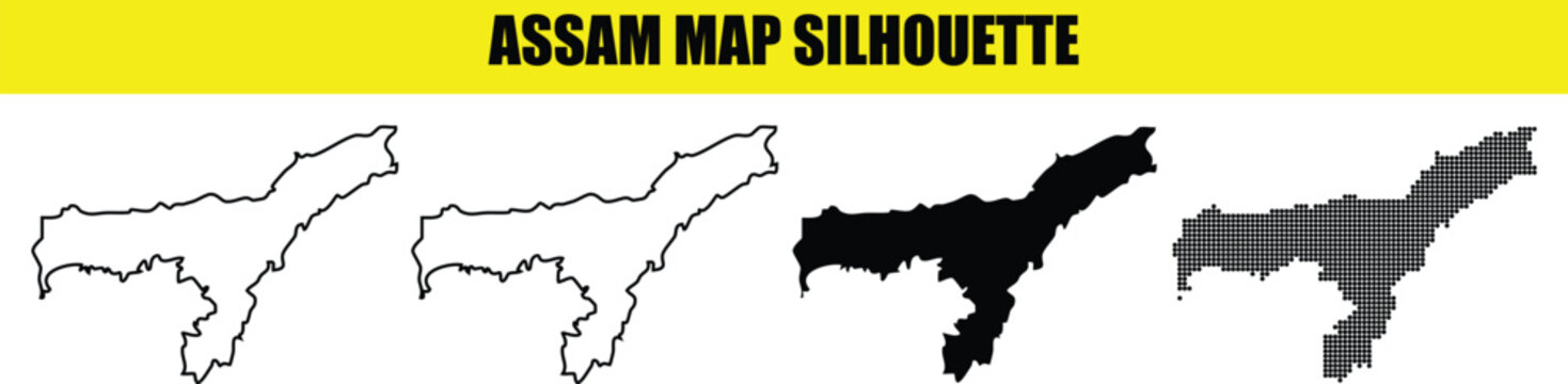 Assam map silhouette vector set including solid filled and halftone versions for regional geography and indian graphics