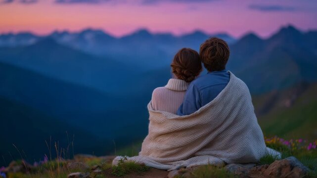 A loving couple, wrapped in a blanket, sits on a mountain at sunset, view from behind, serene pastel sky after sunset, soft ambient light, couple quietly enjoying the view, intimat