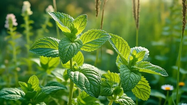 4K video of lush green mint leaves in a serene garden