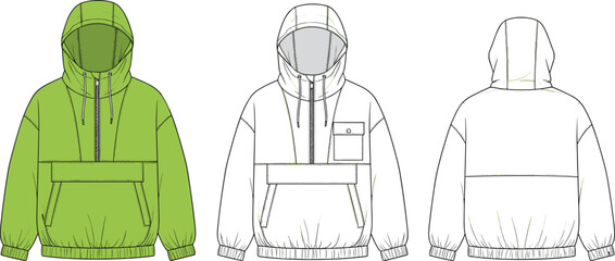 Unisex quarter zip anorak hoodie jacket with kangaroo pocket and high neck, front and back view fashion technical flat sketch vector, cad drawing flat vector illustration, © Siyamul