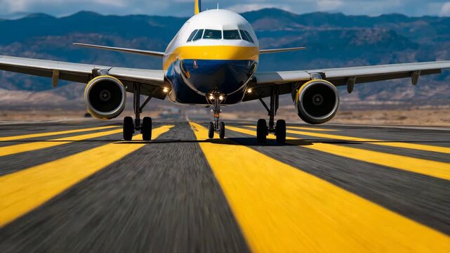 Airplane landing gear touches down on airport runway. Front wheels of aircraft on tarmac with yellow line. Jetliner arriving at destination, close up, close-up side view with runwa