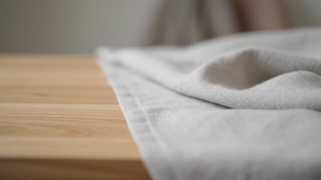 Soft textured linen fabric draped over a wooden tabletop with a shallow depth of field. Natural textile background for product placement or sustainable lifestyle concepts
