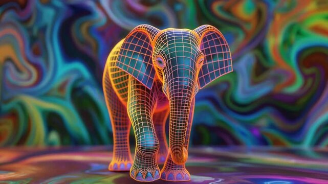 4K video of psychedelic elephant sculpture with neon lights
