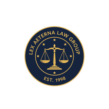 Lex Aeterna Law Group established 1998 circular logo with scales of justice and stars on isolated white background