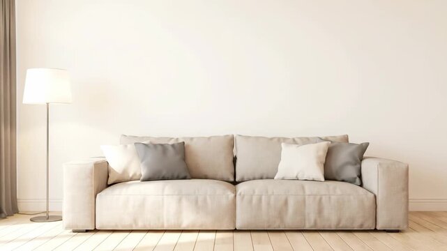 Modern living room interior with a comfortable beige sofa and floor lamp. Scandinavian design with empty white wall for copy space. Wide panoramic background for home decor