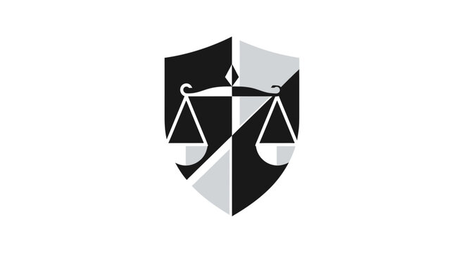 Shield Icon Representing Legal Proceedings, Balance Symbol in Black and White Design