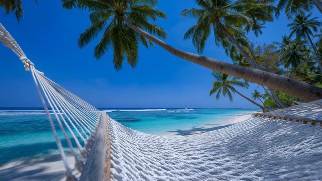 Hammock stretched between palm trees on a white sand tropical beach with turquoise water and clear sky, close up, perspective focusing on rope attachments and knots, palm tree text