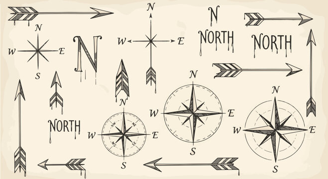 Direction Vector Set of Hand Drawn Vintage Compasses Arrows and North Text Illustrations