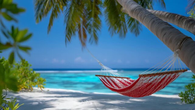 Hammock stretched between palm trees on a white sand tropical beach with turquoise water and clear sky, close up, sunlit hammock with visible woven details, soft reflections of tur