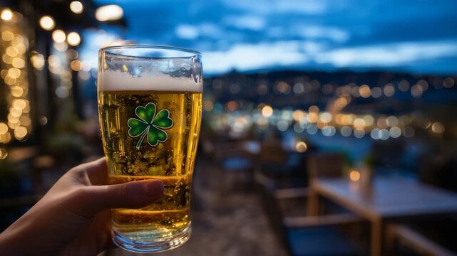 Hand holding pint of golden beer with shamrock logo in cozy Irish pub during rainy Saint Patrick Day celebration with blurred city lights outside, cinematic close-up with shallow d