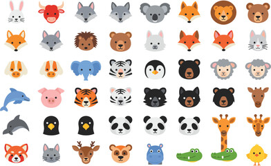 Cartoon animal faces collection featuring rabbits, cows, wolves, foxes, lions, bears, koalas, dogs, elephants, tigers, penguins, pigs, dolphins, eagles, pandas, giraffes