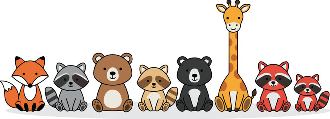 Cartoon animal lineup featuring fox, raccoons, bears, and giraffe sitting in a row, cute wildlife illustration for children’s education, storybooks, and decorative design © IconicCreations