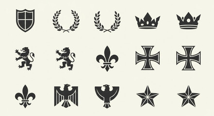 Collection of heraldic symbols and emblems in black silhouette. © Heni