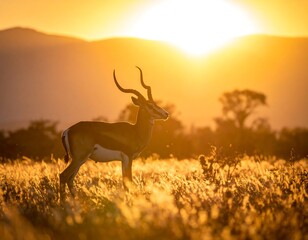 Fototapeta premium Silhouette of an antelope, backlit by a vibrant, warm sunset over a savanna landscape, creating a golden, peaceful atmosphere