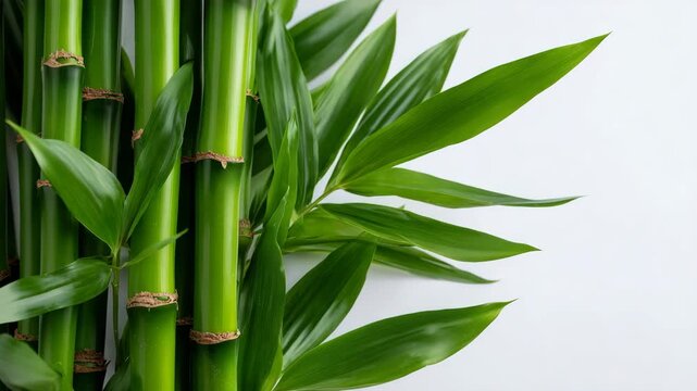 Minimalist close up of vibrant green bamboo stems on a clean off white background, ideal for spa branding, mindfulness concepts and modern natural lifestyle design, symmetrical ver