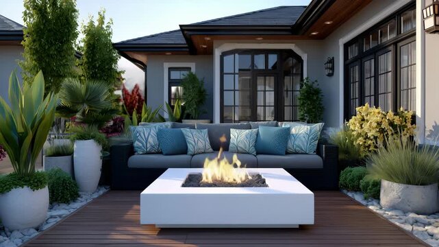 Modern outdoor patio attached house, side-angle view of patio with fire table and lounge chairs, decorative elements like vases and cushions, greenery around perimeter, soft mornin