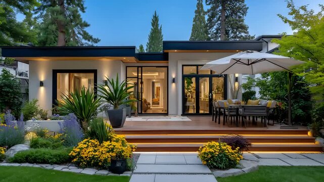Modern outdoor patio attached house, wide shot capturing patio extending from house, outdoor dining set with umbrella, integrated lighting along steps, landscaped garden and lawn s