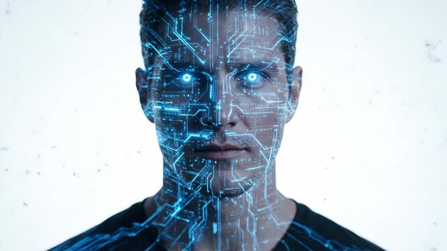 Caucasian adult male undergoing a digital transformation into an artificial intelligence. Futuristic concept of human evolution, singularity, and merging with a glowing network