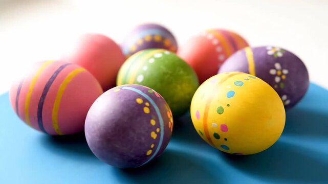 Vibrant collection of hand decorated easter eggs on a blue surface. Traditional spring holiday symbols for a festive celebration or seasonal greeting card banner design