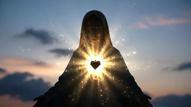Silhouette of a religious woman statue with a glowing heart and cross in a dynamic heavenly light display at various stages of illumination.