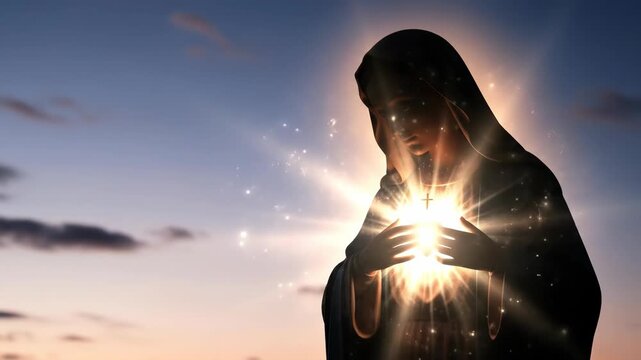 Womans silhouette with glowing sacred heart and cross against a sunset sky. Religious devotion concept for spiritual guidance and faith.