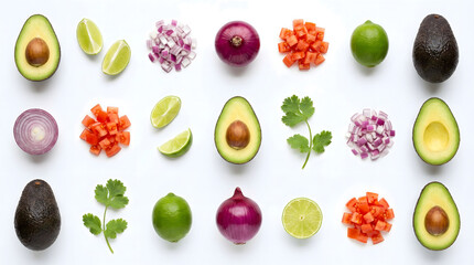 Overhead flat lay of 21 fresh ingredients for guacamole or salsa, including whole and halved avocados, red onions, diced tomatoes, lime wedges, and cilantro leaves