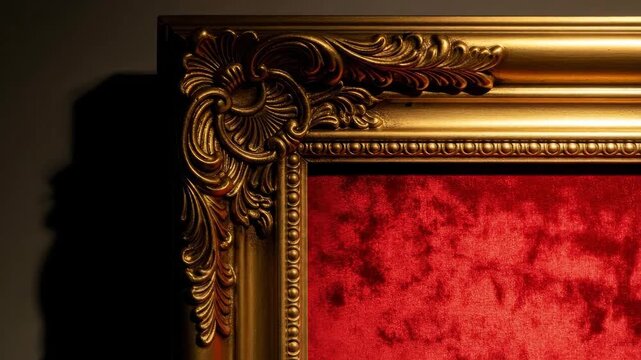 Intricate golden frame with red velvet texture showcasing luxurious baroque design. Ornate element for elegant border and rich background concepts.