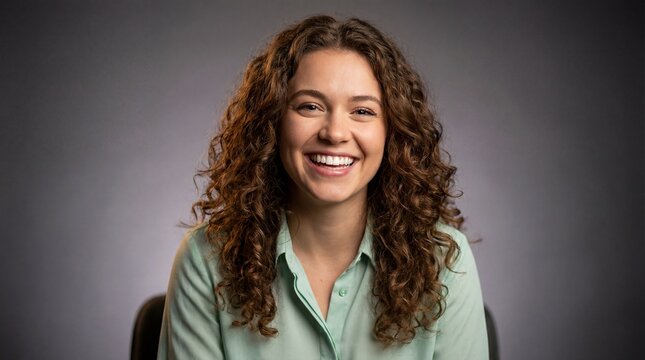 A cheerful young woman with curly brown hair and a bright smile looks directly at the camera, wearing a light green shirt against a dark gray background.