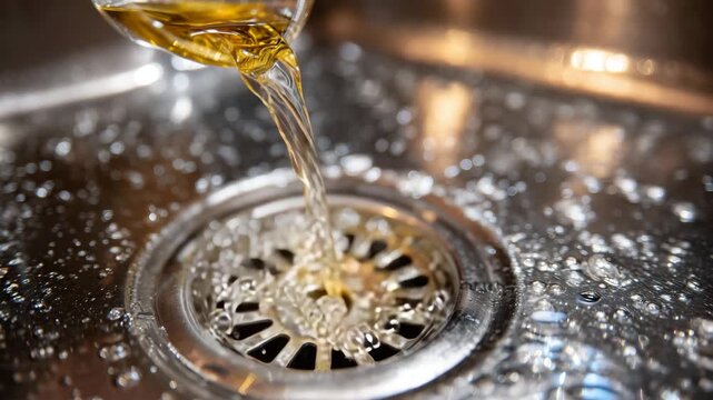 Person pours hot cooking oil from pan into kitchen sink drain. Liquid fat goes down pipe creating potential blockage. Disposal of grease hazard, high-detail macro perspective showi