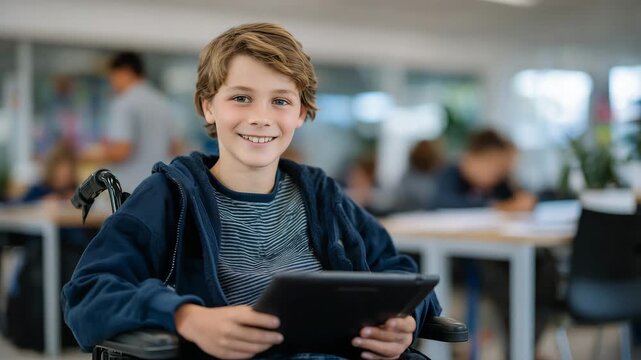 Smiling student using wheelchair while interacting with assistive tablet software technology in modern classroom environment for inclusive education campaigns and accessibility emp