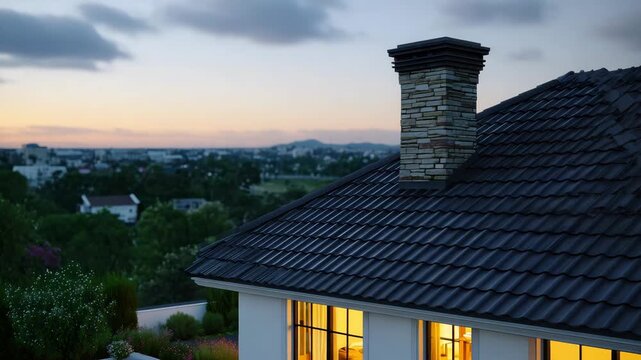 View of a modern, gray tiled roof with chimney and a glimpse of the house, soft golden-hour lighting, warm highlights on gray tiles, elegant modern home atmosphere, high dynamic ra