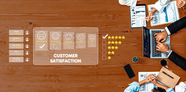 A collaborative workspace scene showing a team analyzing customer satisfaction metrics on a digital interface, highlighting engagement and data-driven discussions. Trope