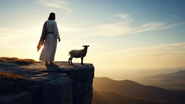 Man and sheep standing on rocky cliff overlooking a valley at sunset, concept of guidance and protection