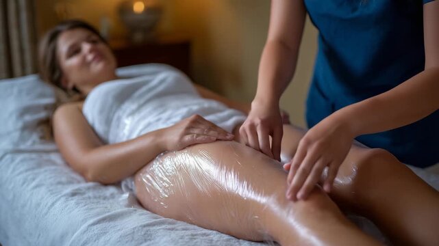 Woman receiving body wrap treatment in spa, therapist applying plastic film to legs and hips for slimming and detoxification, relaxation and beauty therapy session on massage table