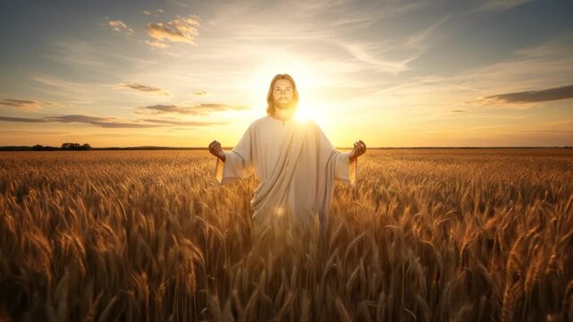 Caucasian man with halo in golden wheat field under sunset sky with changing light. Spiritual scene for religion or devotion.