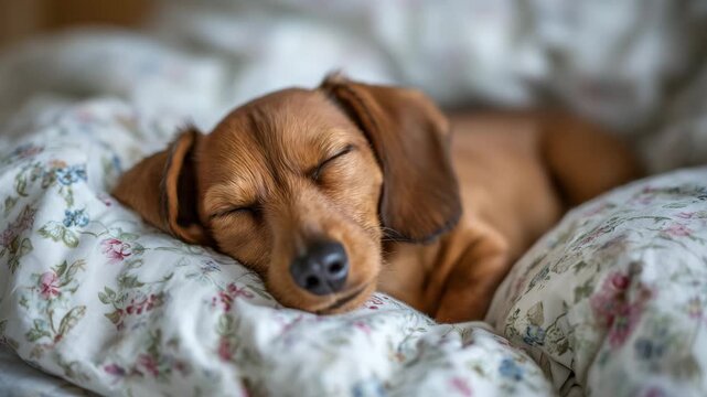 Young owner with brown dachshund sleeping together on a comfortable bed at home, close-up detail of peaceful faces, soft fur texture visible, gentle breathing moment captured, emot