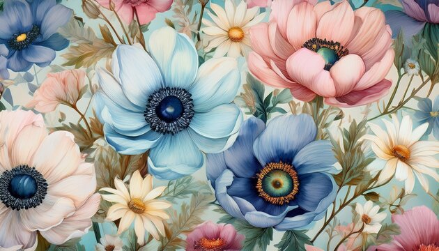 beautiful pastel blue and pink floral pattern with anemones and daisies watercolor print in rustic vintage style textile or wallpapers