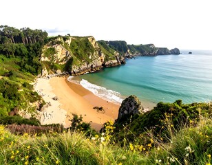 Scenic coastal view featuring a sandy beach, rocky cliffs, vibrant green vegetation, and turquoise water on a sunny day