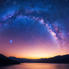 Majestic Milky Way Arching Over Serene Lake Under Twilight Sky