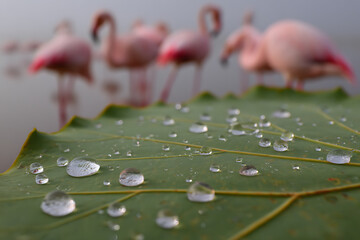 Close-up of glistening water droplets on a textured green leaf, with a soft, blurred backdrop of pink feathered creatures in a hazy, dreamlike environment.