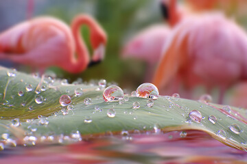 Glistening water droplets adorn a vibrant green leaf, with a blurred background of pink avian silhouettes in a soft, atmospheric, and tranquil setting.