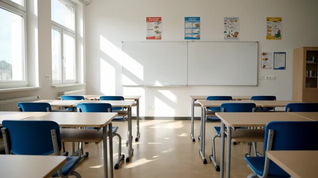 Empty modern classroom interior with rows of desks and a whiteboard. School learning environment ready for students and lessons. Academic background for education concepts