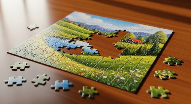 Jigsaw puzzle of a scenic countryside landscape with a lake and house