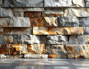 Rustic textured stone wall backdrop featuring warm hues and shiny tile floor, bathed in soft, natural light