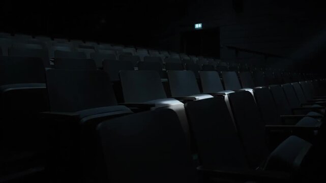 Empty seats in a dark movie theater auditorium waiting for the show to start. Cinematic panoramic background for a film festival, presentation or entertainment concept