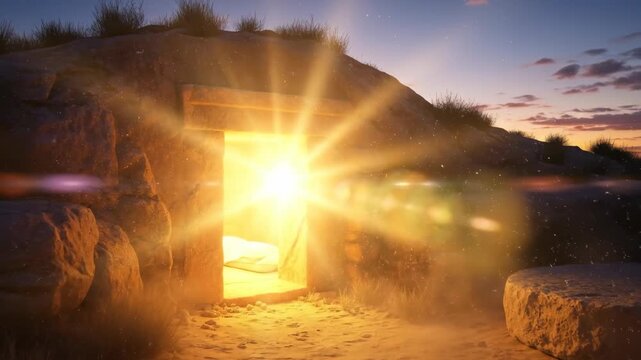 Empty ancient tomb with bright sunlight shining through the open entrance, symbolizing easter resurrection