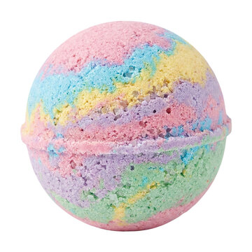 Multi-colored round fizzy bath bomb with swirl pattern