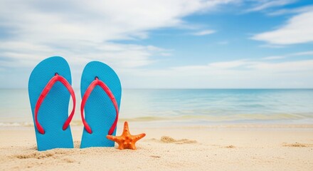 Relaxing summer vacation beach scene with blue flip flops and starfish on sandy shore by calm sea