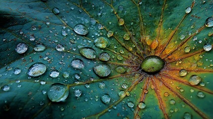 Close-up of a lotus leaf covered in sparkling raindrops, displaying a captivating interplay of light and shadow with rich, earthy tones.